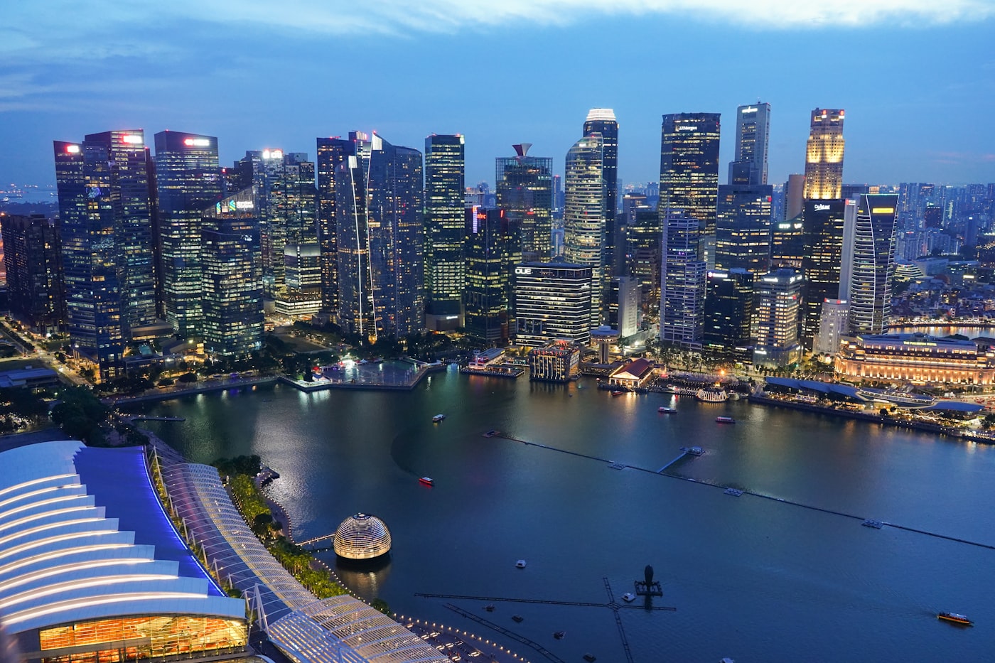 Aerial night view over Marina Bay Singapore