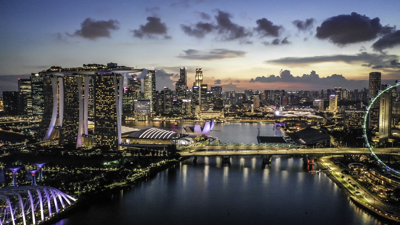 Singapore Flyer and city skyline at dusk